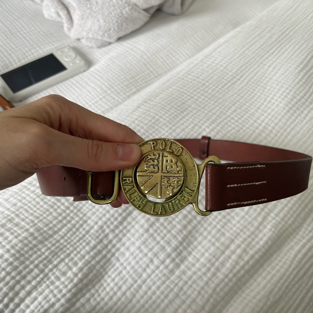 RARE Vintage Polo by Ralph Lauren Brown Leather Belt with Brass Crest Buckle